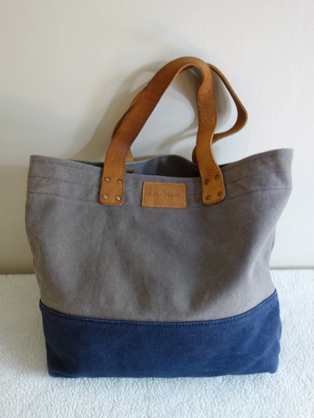 COLE HAAN Canvas Leather Tote Bag - Gray / Navy